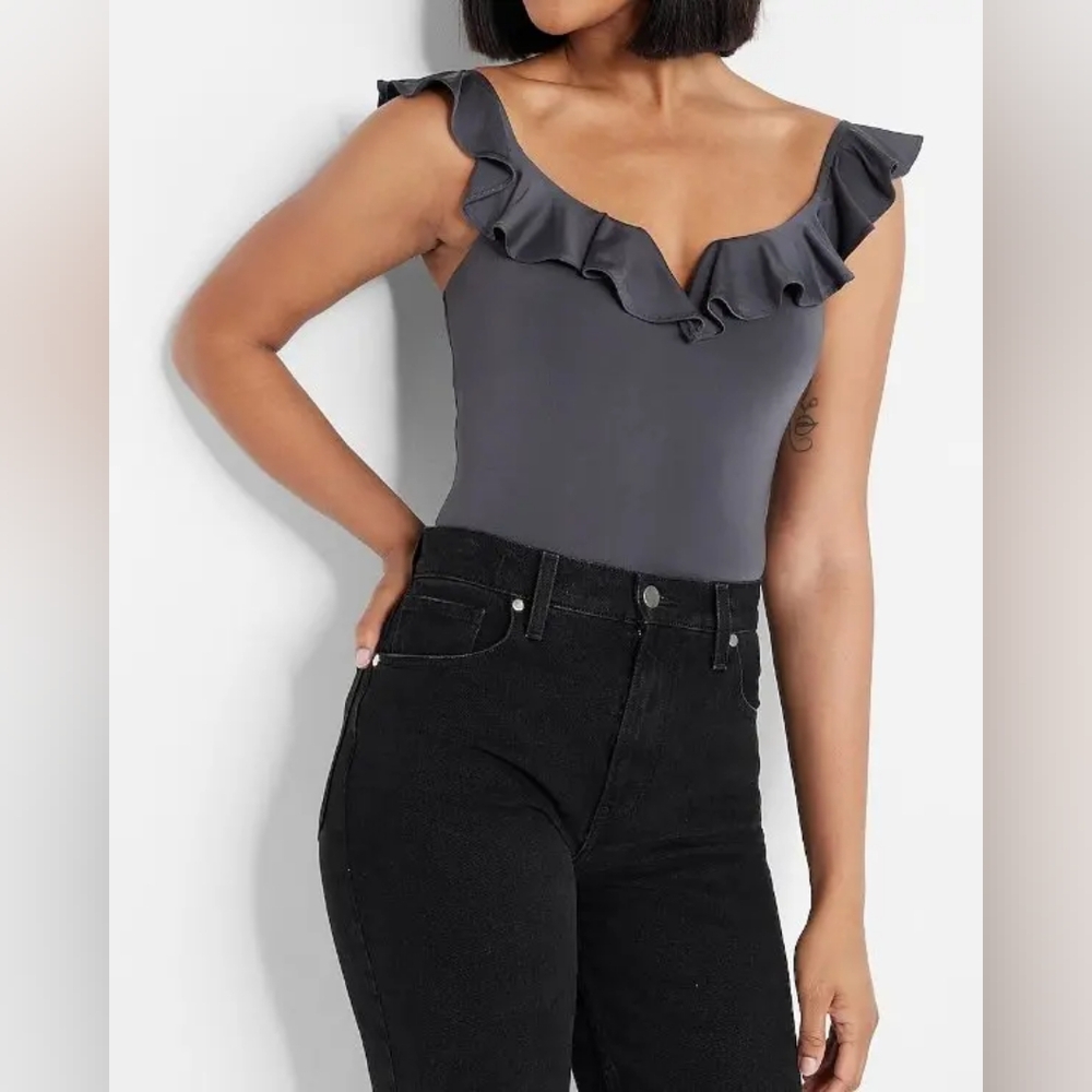 Express Body Contour Compression Silky Ruffle V-Wire Neckline Thong Bodysuit